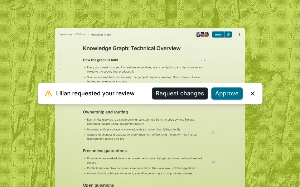 A document with a pending review bar offering to request changes or approve