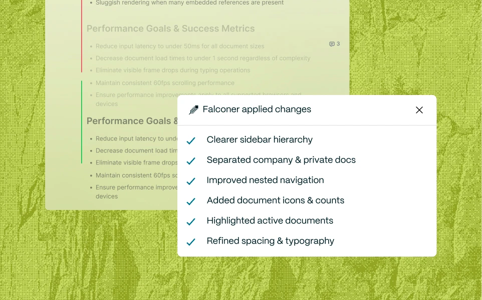 Falconer applied changes to a document and lists what changed