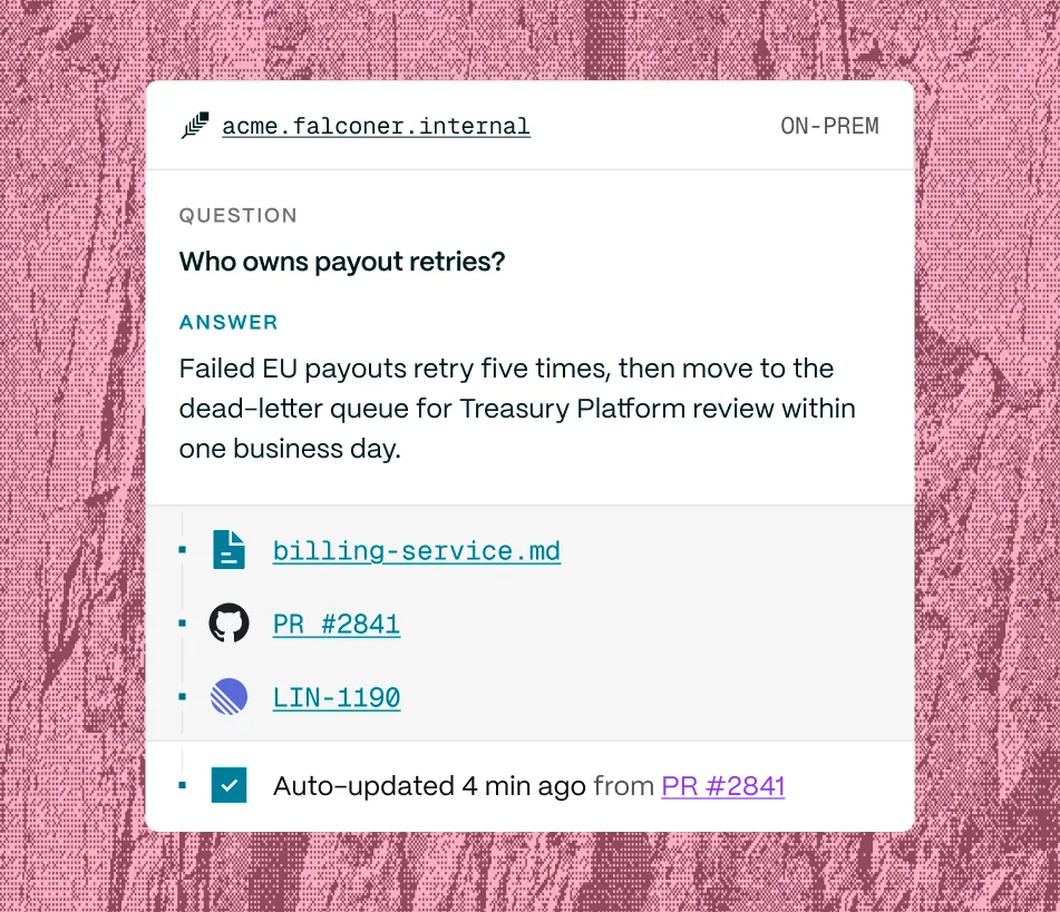 Falconer answering an ownership question on an air-gapped on-prem install, with sources linked