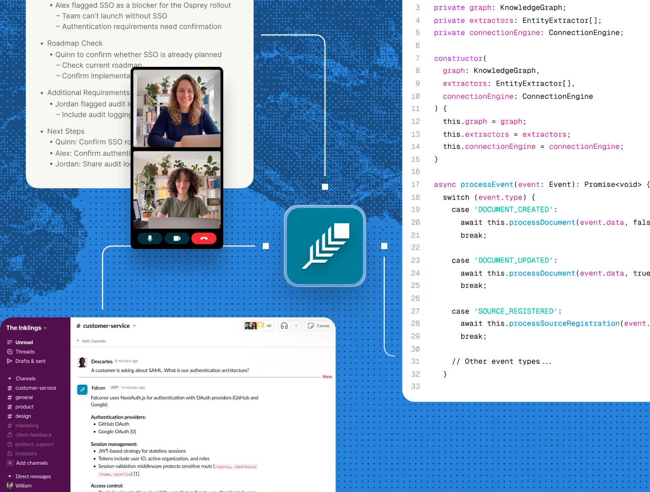 Falconer turning meeting notes, video calls, Slack threads, and code into documentation