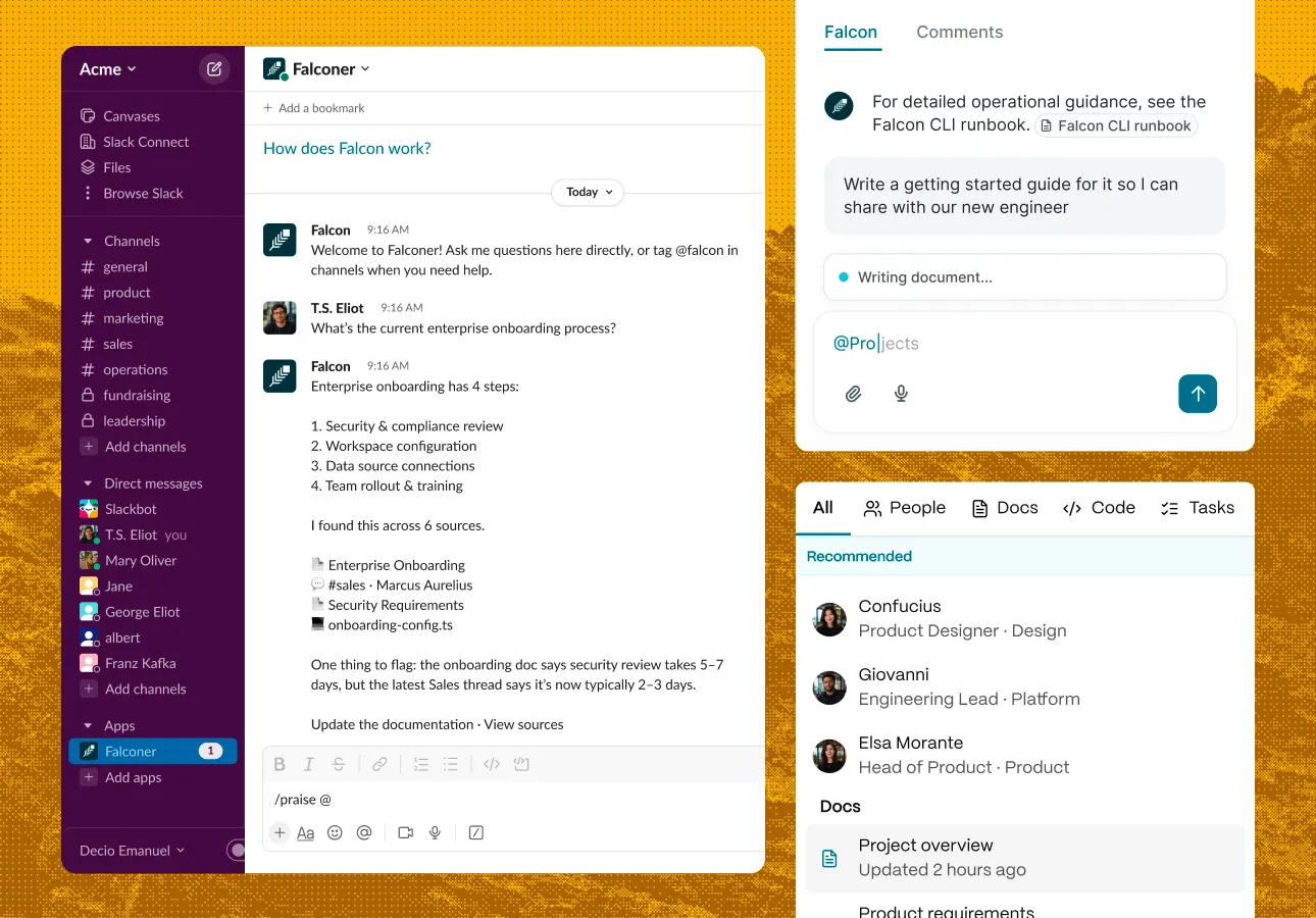Falcon answering in Slack and drafting a document with @ references to people and docs