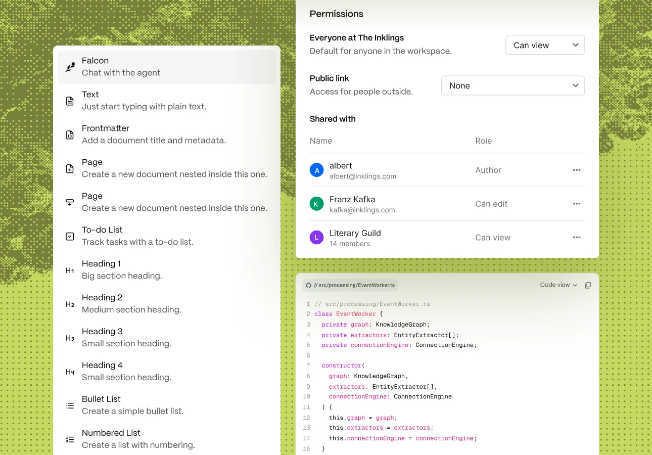 The slash command menu, permissions panel, and a syntax-highlighted code block