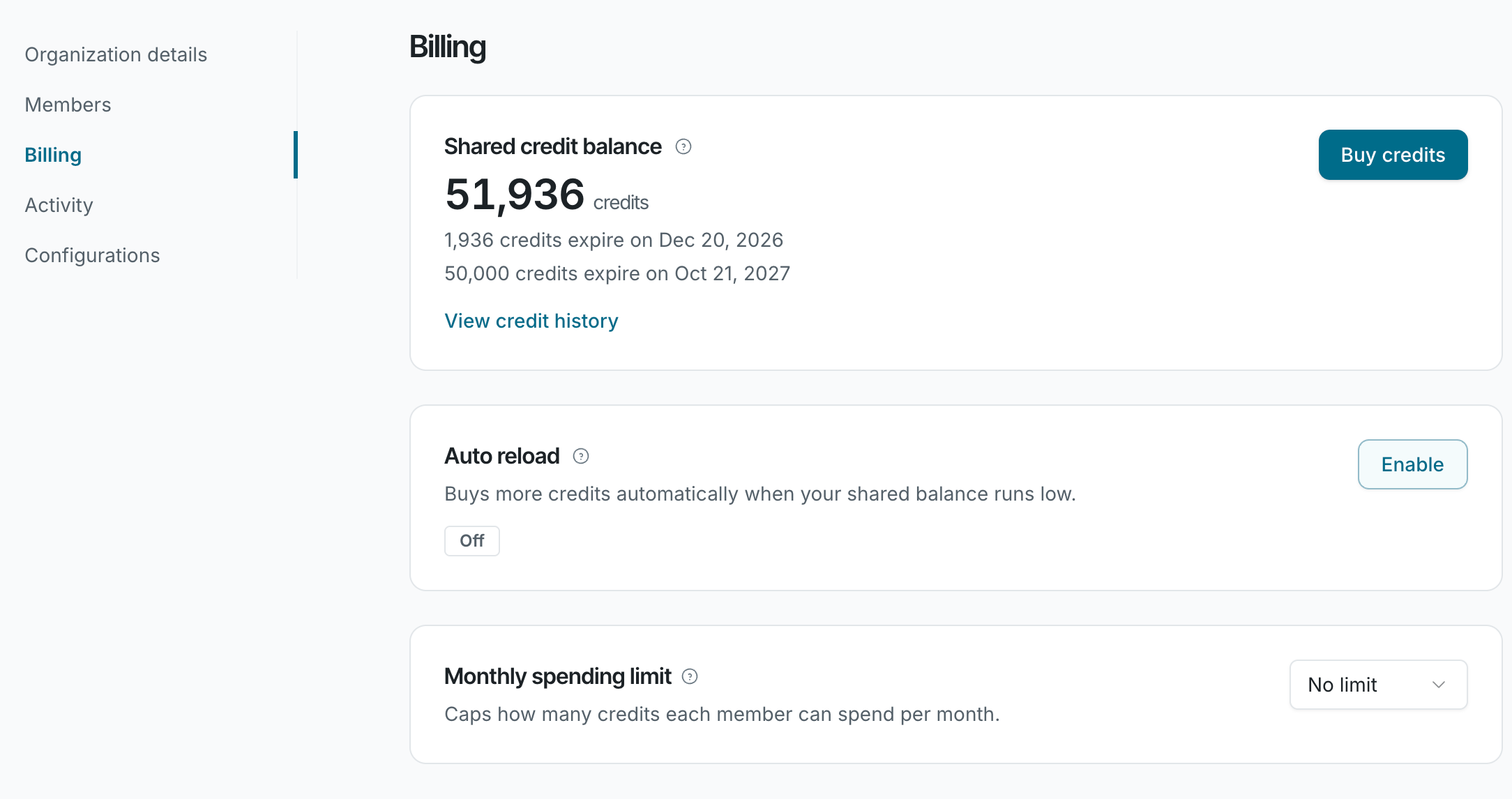 Billing in organization settings with the shared credit balance, Buy credits, Auto reload, and the monthly spending limit