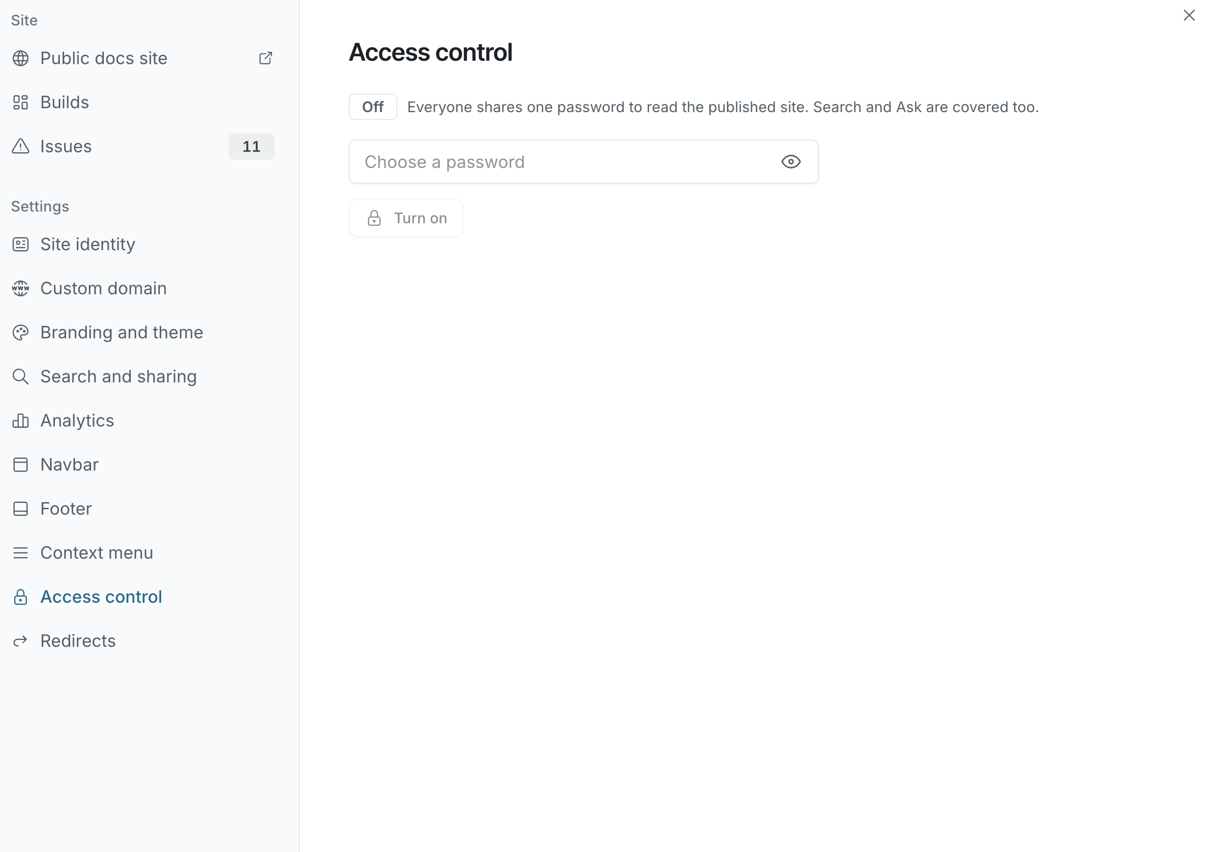 The Access control section with the password field and Turn on button