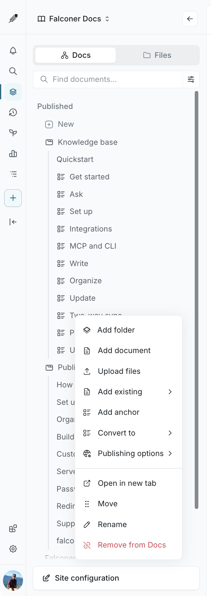 The context menu on a section in the Docs view
