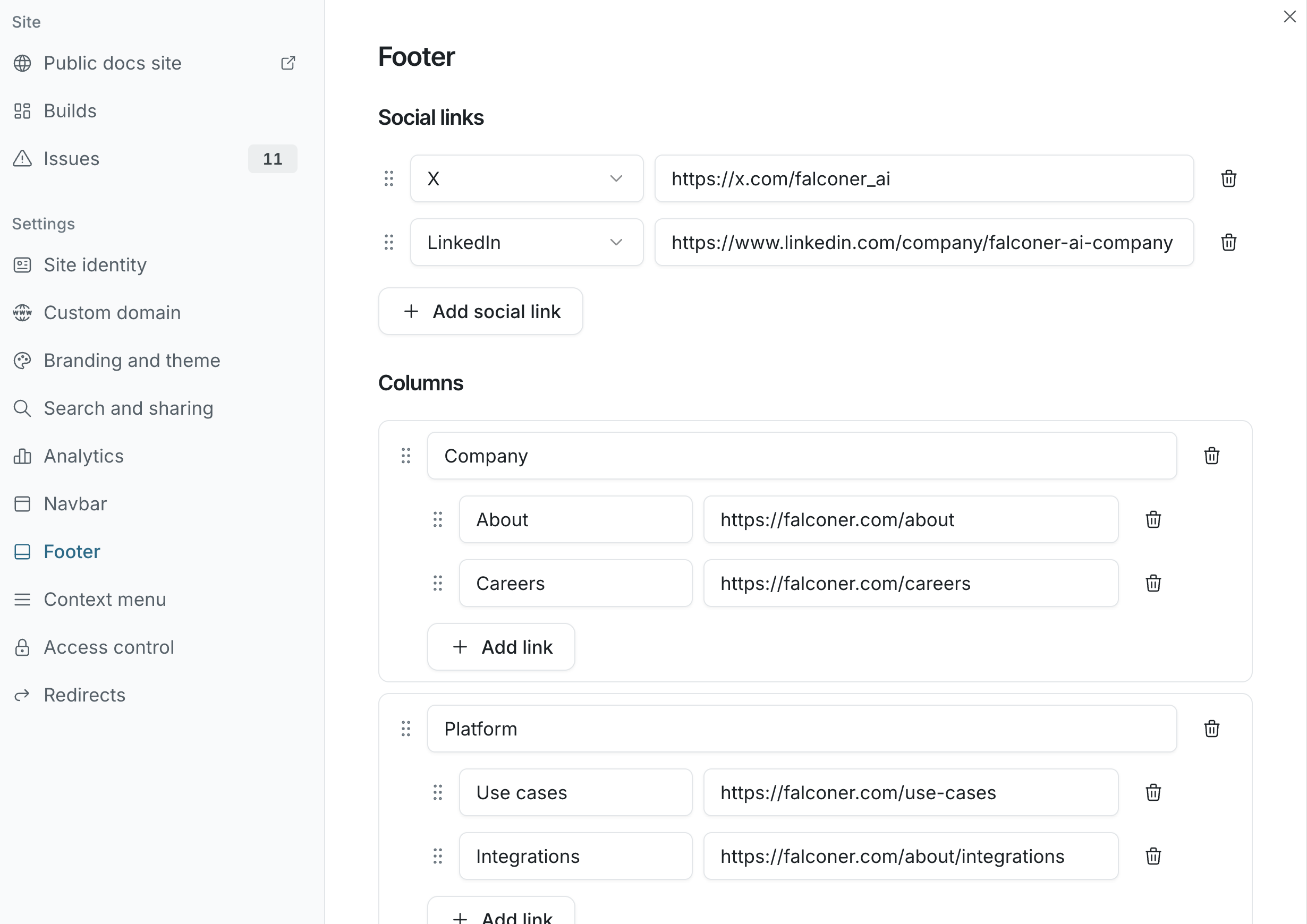 The Footer section with social links and link columns