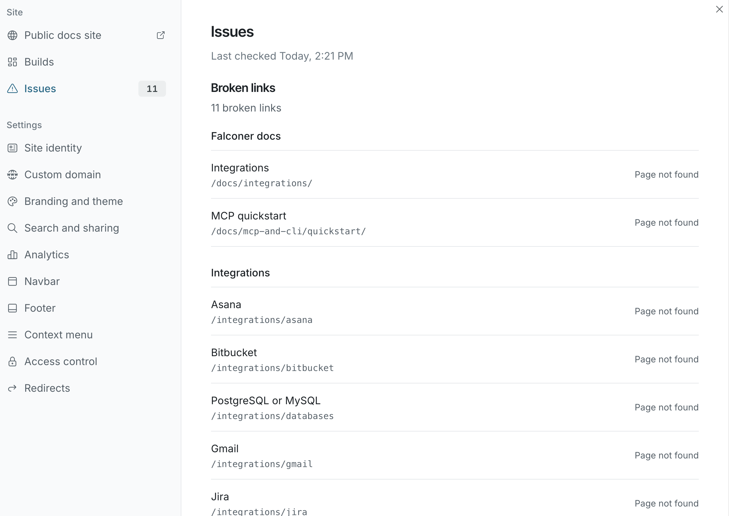 The Issues section listing broken links grouped by page