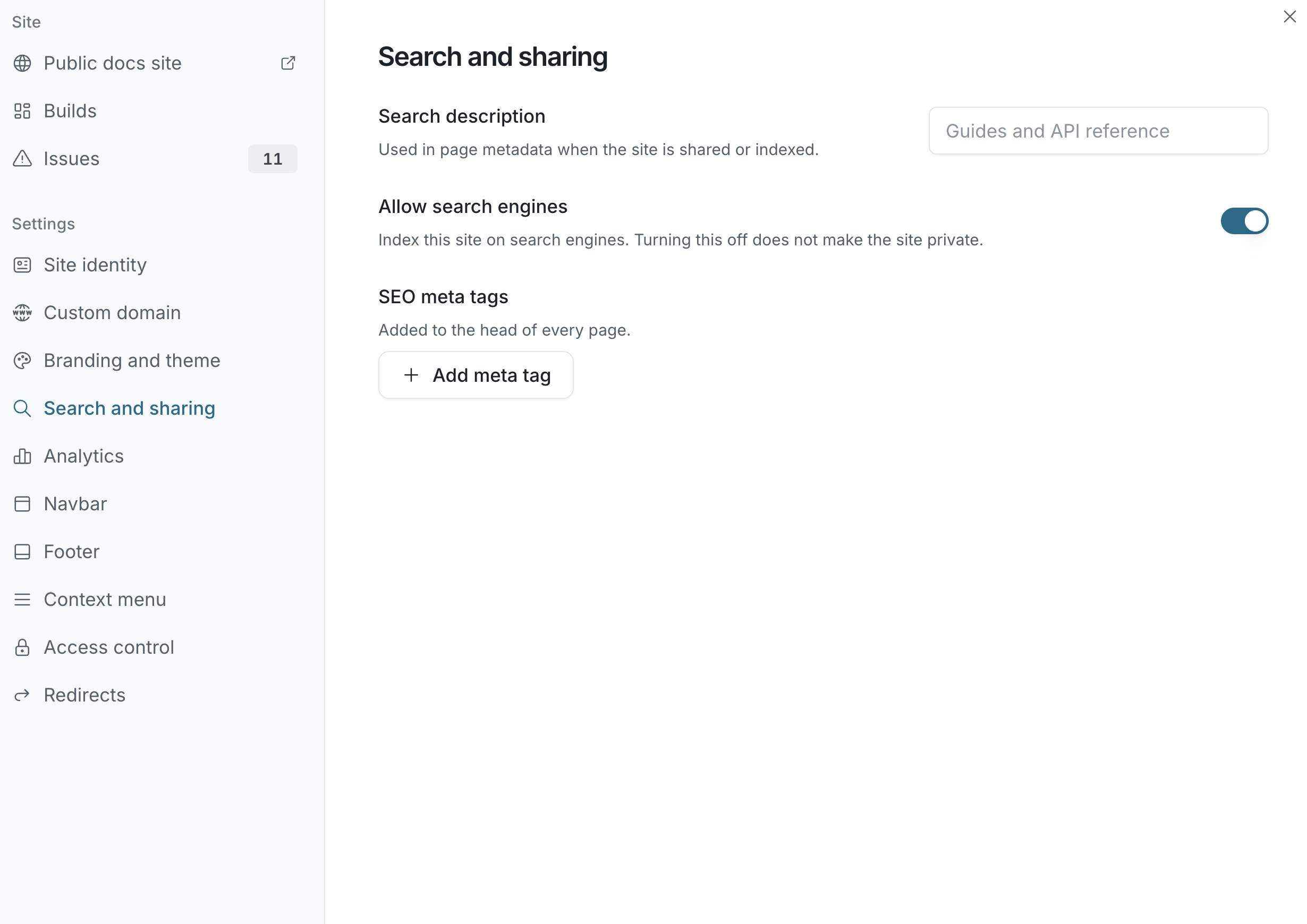 The Search and sharing section with the search description, search engine toggle, and meta tags