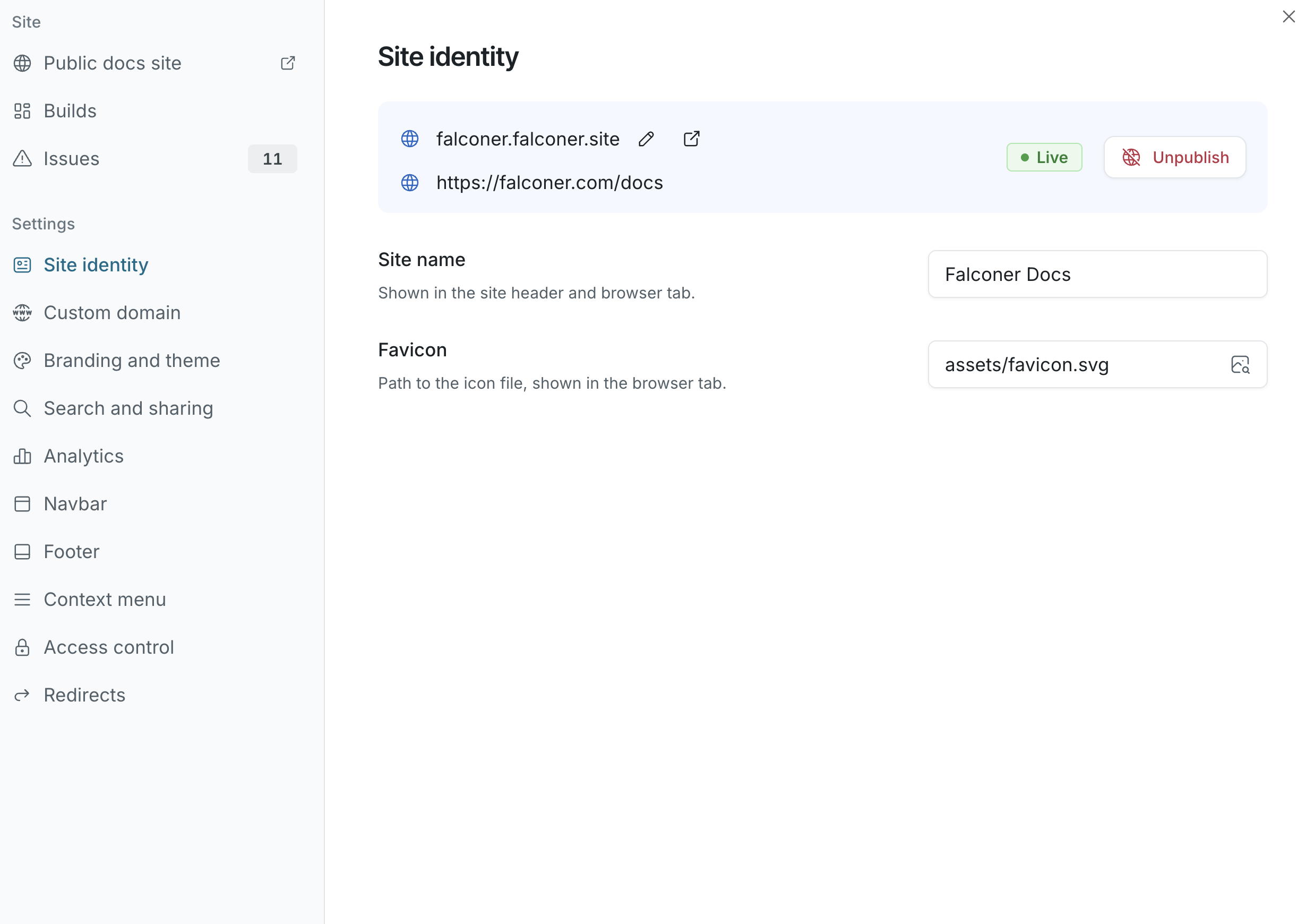 The Site identity section with the site card, Site name, and Favicon fields
