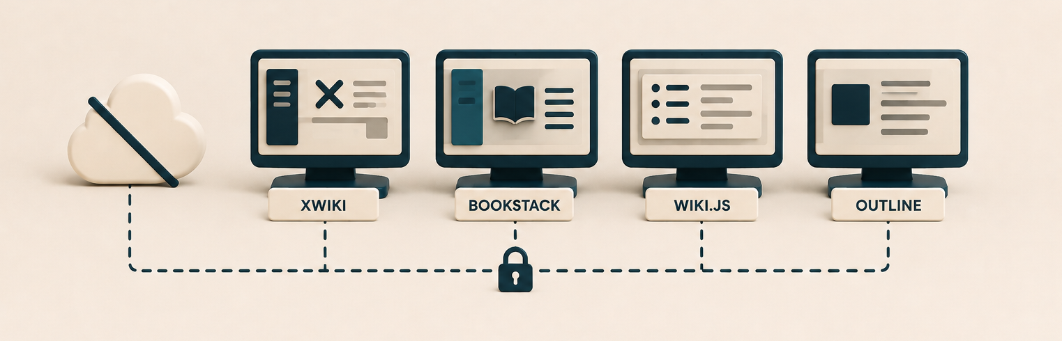A crossed-out cloud linked to four self-hosted wikis - XWiki, BookStack, Wiki.js, and Outline - running behind a lock