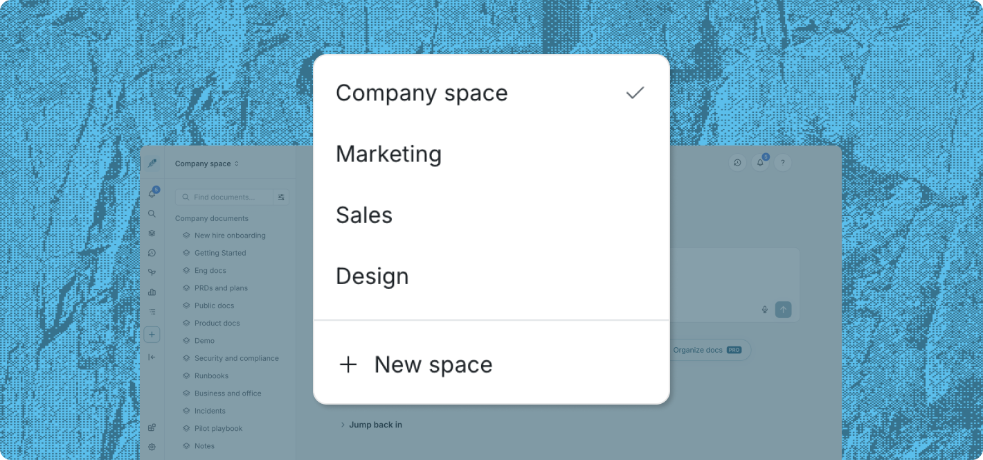 Falconer Space switcher listing Company space, Marketing, Sales, and Design with a New space option