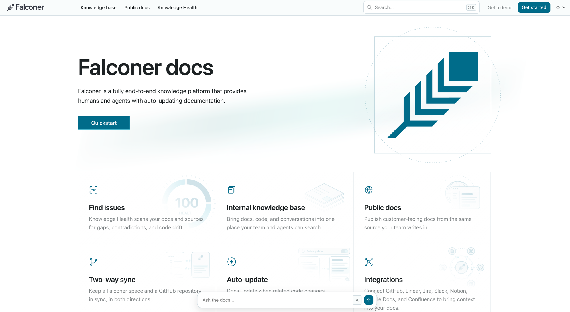The Falconer docs site home page, with a Quickstart button and feature cards for Knowledge Health, the internal knowledge base, Public docs, two-way sync, auto-update, and integrations