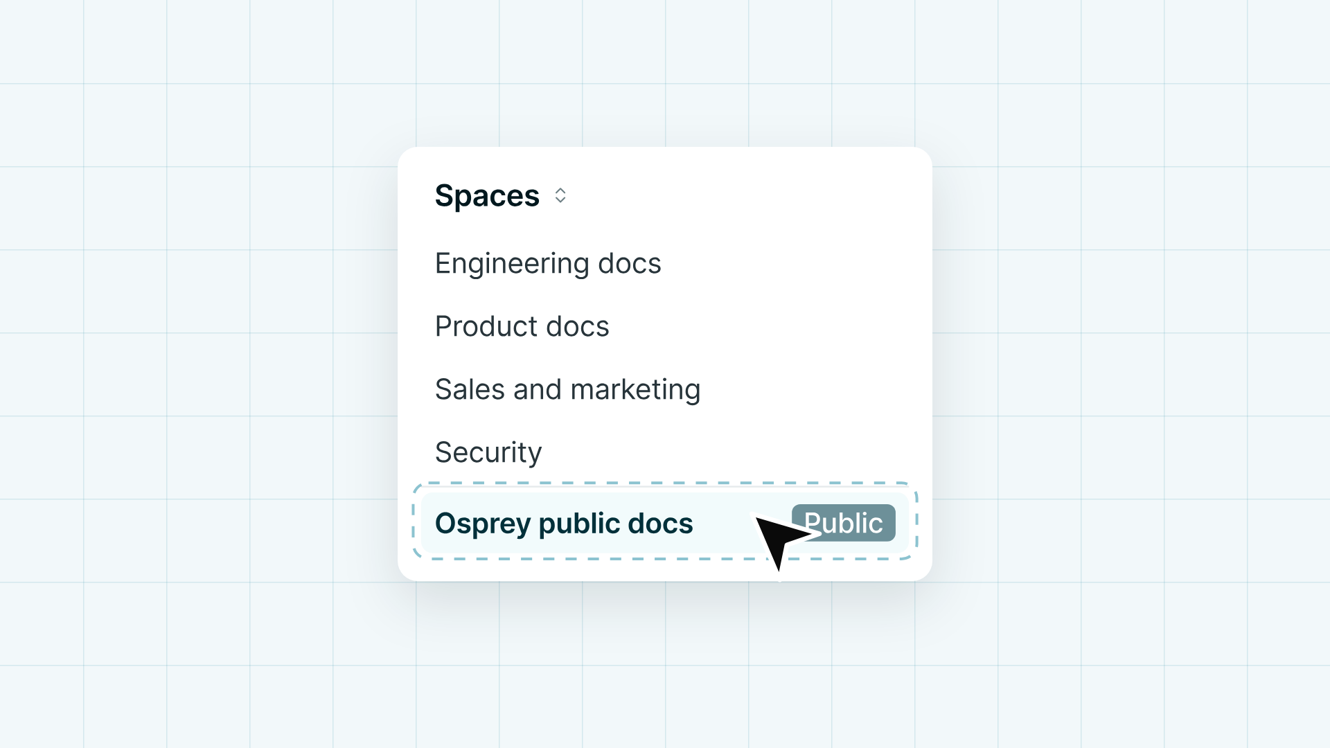 A Falconer Spaces picker listing Engineering docs, Product docs, Sales and marketing, and Security, with an Osprey public docs space marked Public