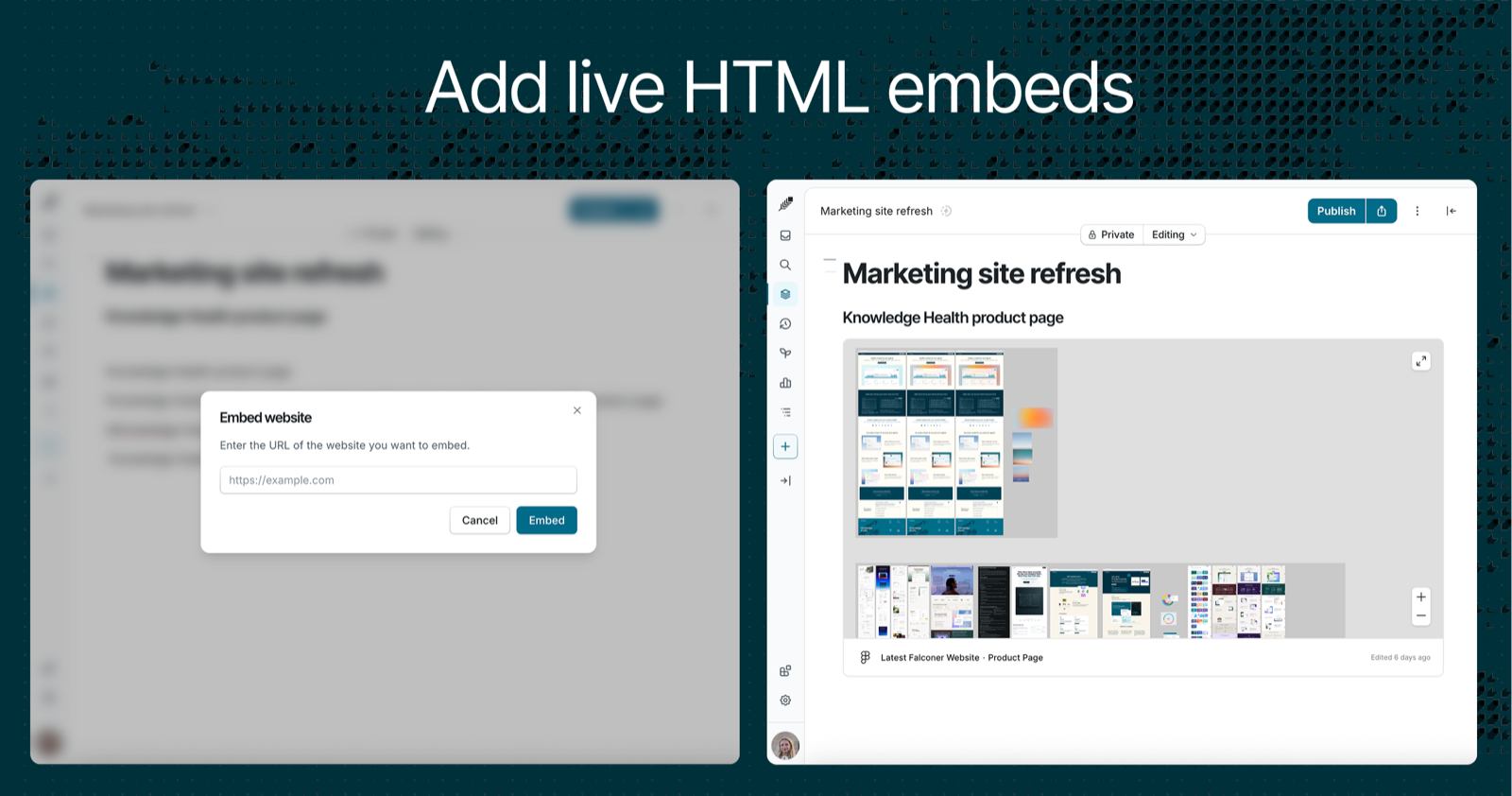 Falconer’s Embed website dialog beside a doc with a live Figma design rendered inline as an embed