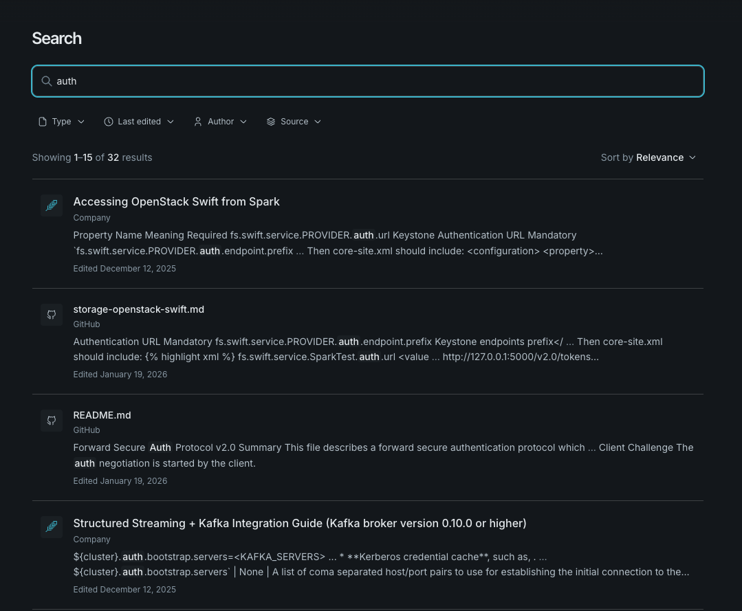 Falconer search results page: a query for "auth" with type, last-edited, author, and source filters, showing ranked results with highlighted snippets and the path to each document
